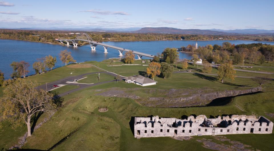 An aerial view of Crown Point State Historic Site in the summer shows all the attractions nearby.
