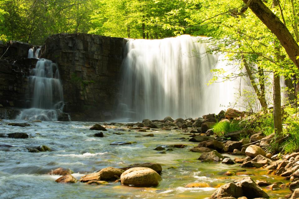 A scenic waterfall surrounded by bright green leaves