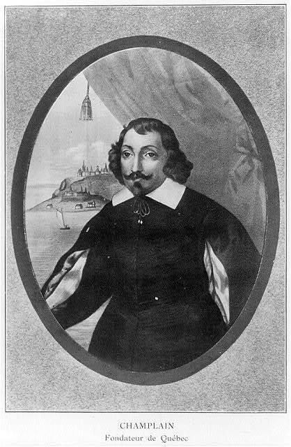 Vintage black and white sketch of French explorer Samuel de Champlain.