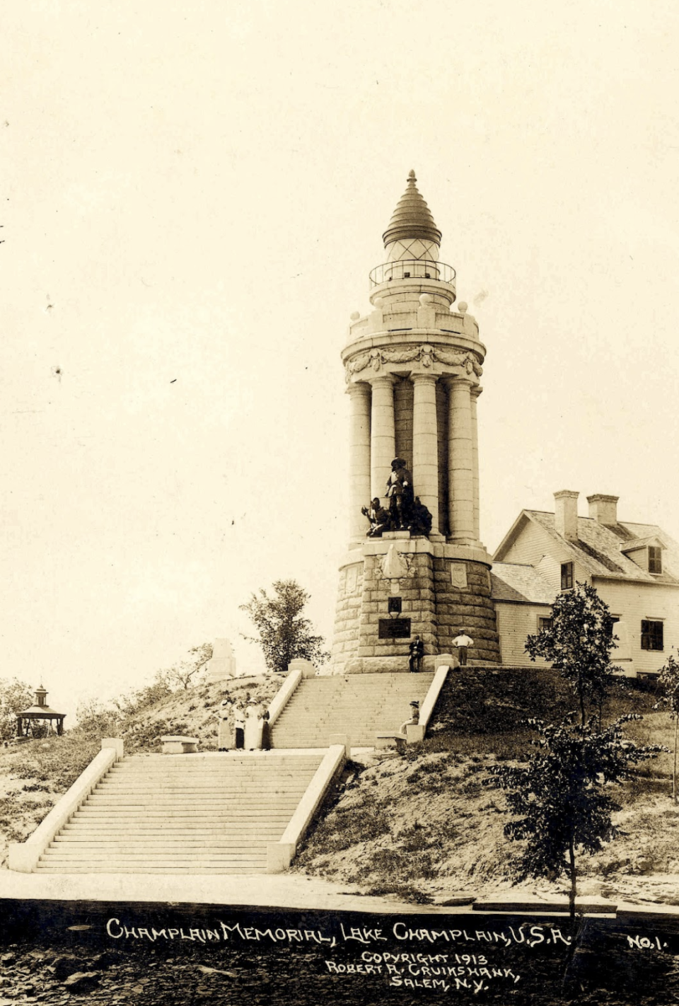 Vintage, sepa-toned postcard depicting the Champlain Memorial Lighthouse in 1913.