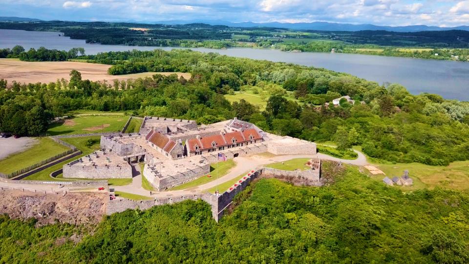 A star shaped revolutionary war fort on the coast of Lake champlain.