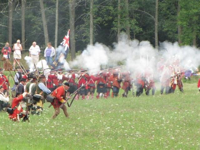 Battle reenactment at CPSHS's French and Indian War encampment.