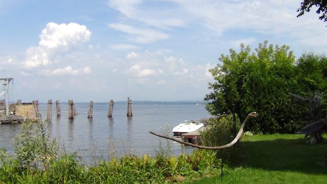 The sculpture garden has views of the Essex Dock and the distant mountains.