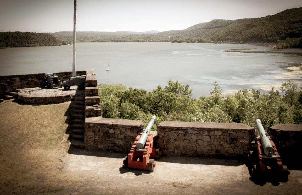Two cannons at Fort Ticonderoga overlooking Lake Champlain.