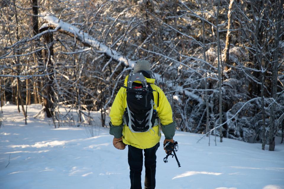 Person standing with snowshoes strapped to their backpack
