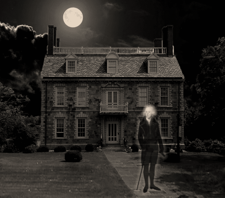 A black and white image of a brick colonial home with a spectral figure in period clothing in front.