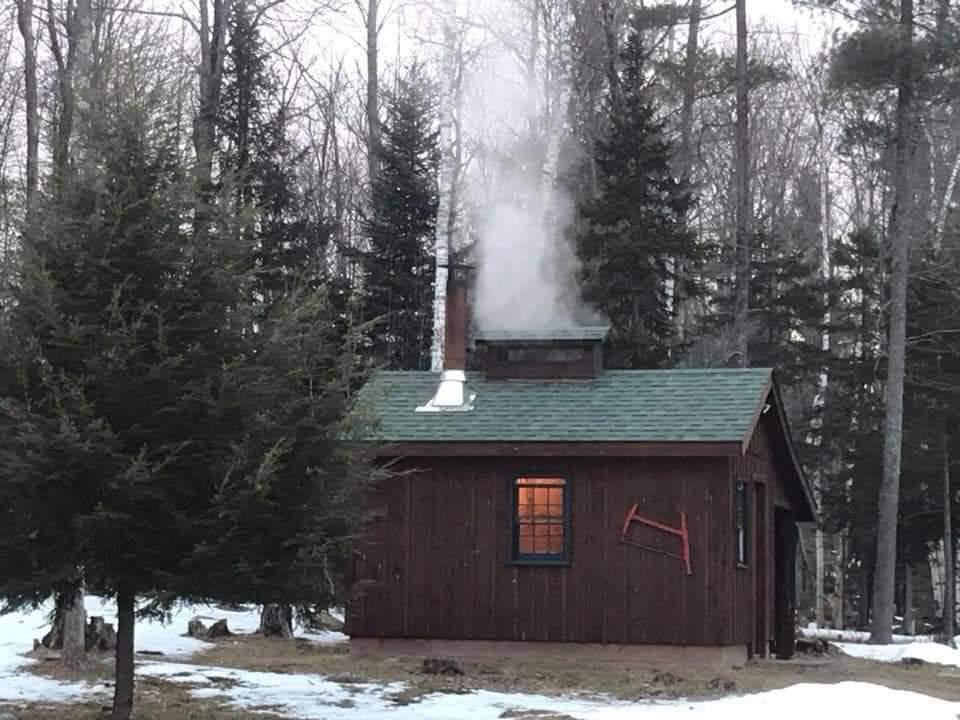 Maple steam rolls out of the vents in the roof of a sugarhouse during maple sugaring season in New York State