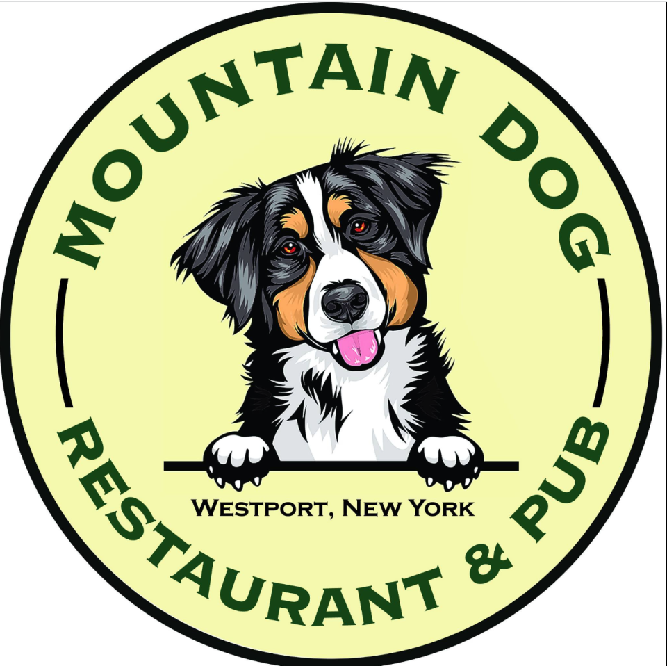 Logo for the Mountain Dog Restaurant and Pub, featuring an illustrated brown, white, and black dog with its tongue hanging out.