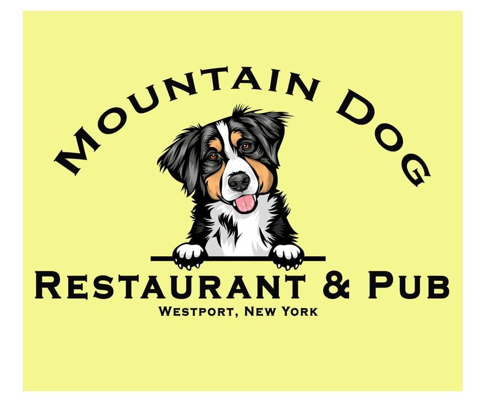 The Mountain Dog Restaurant and Pub logo features a cartoon Mountain Dog with a yellow background