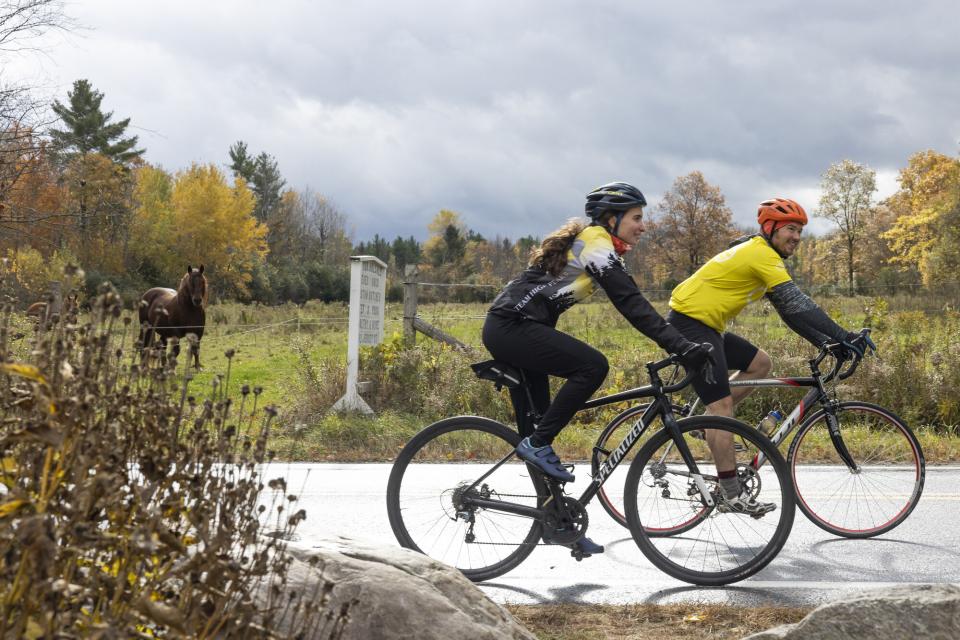 Two cyclists in yellow and black cycling clothing and helmets ride past a farm field, watched by a brown horse.