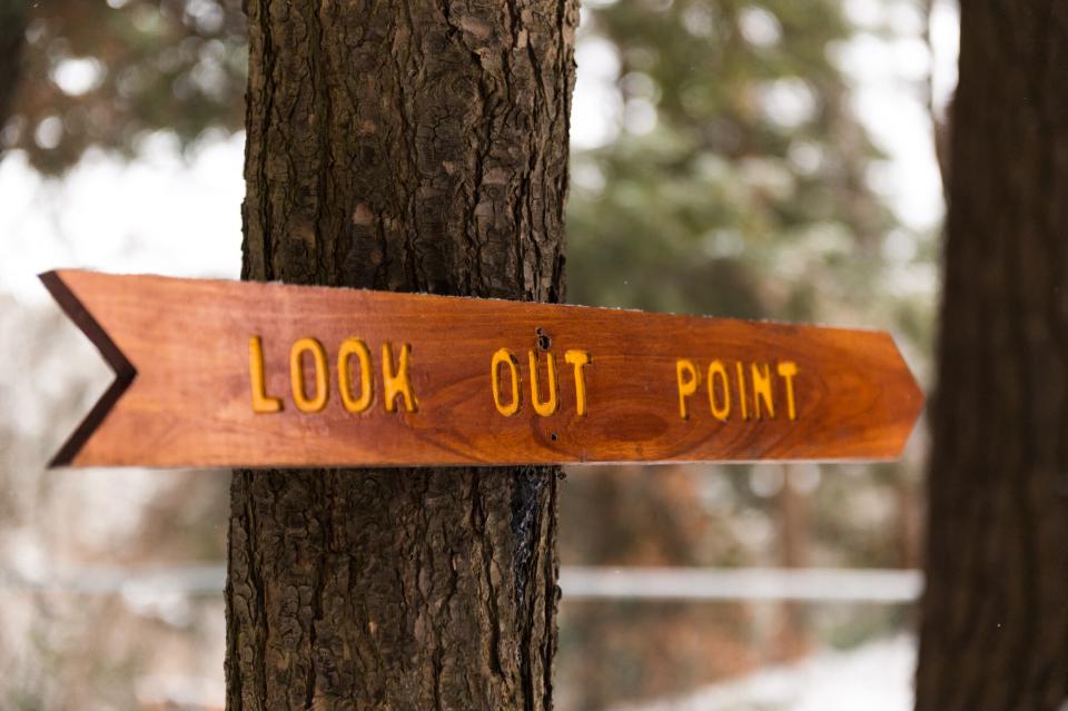 A rustic wood trail sign points to "Look Out Point"