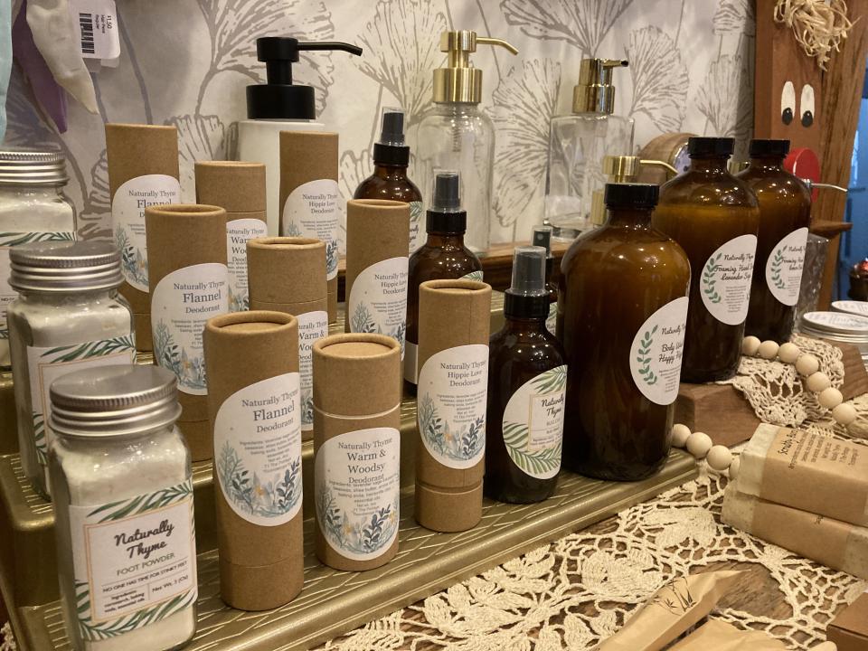 Scented items displayed on tables and shelves
