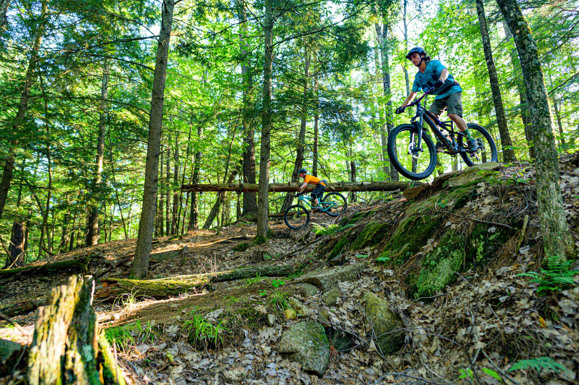 A mountain biker rides down a steep rocky section of trail in the woods