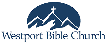 A blue background with a cross atop a mountain over Westport Bible Church.