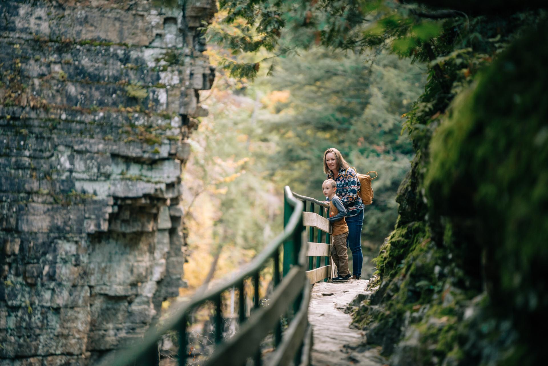 A mother and son peer over the railing into the chasm