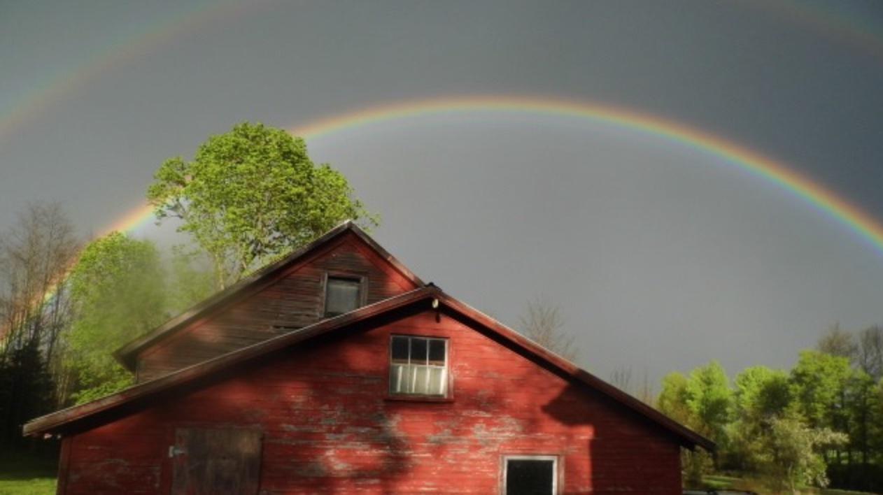 rainbow over a red barn