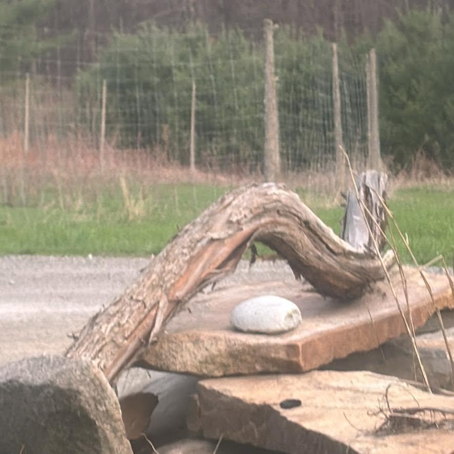 Stacked stones and a curved log by a fence.
