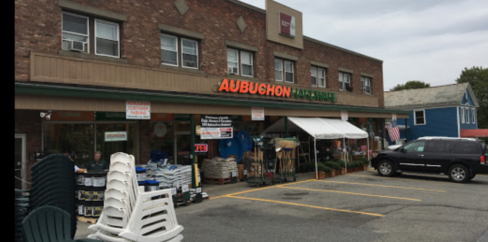 Exterior of the brick building that houses Aubuchon Hardware in Ticonderoga.