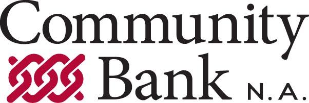 The white banner with black letters of Community Bank logo