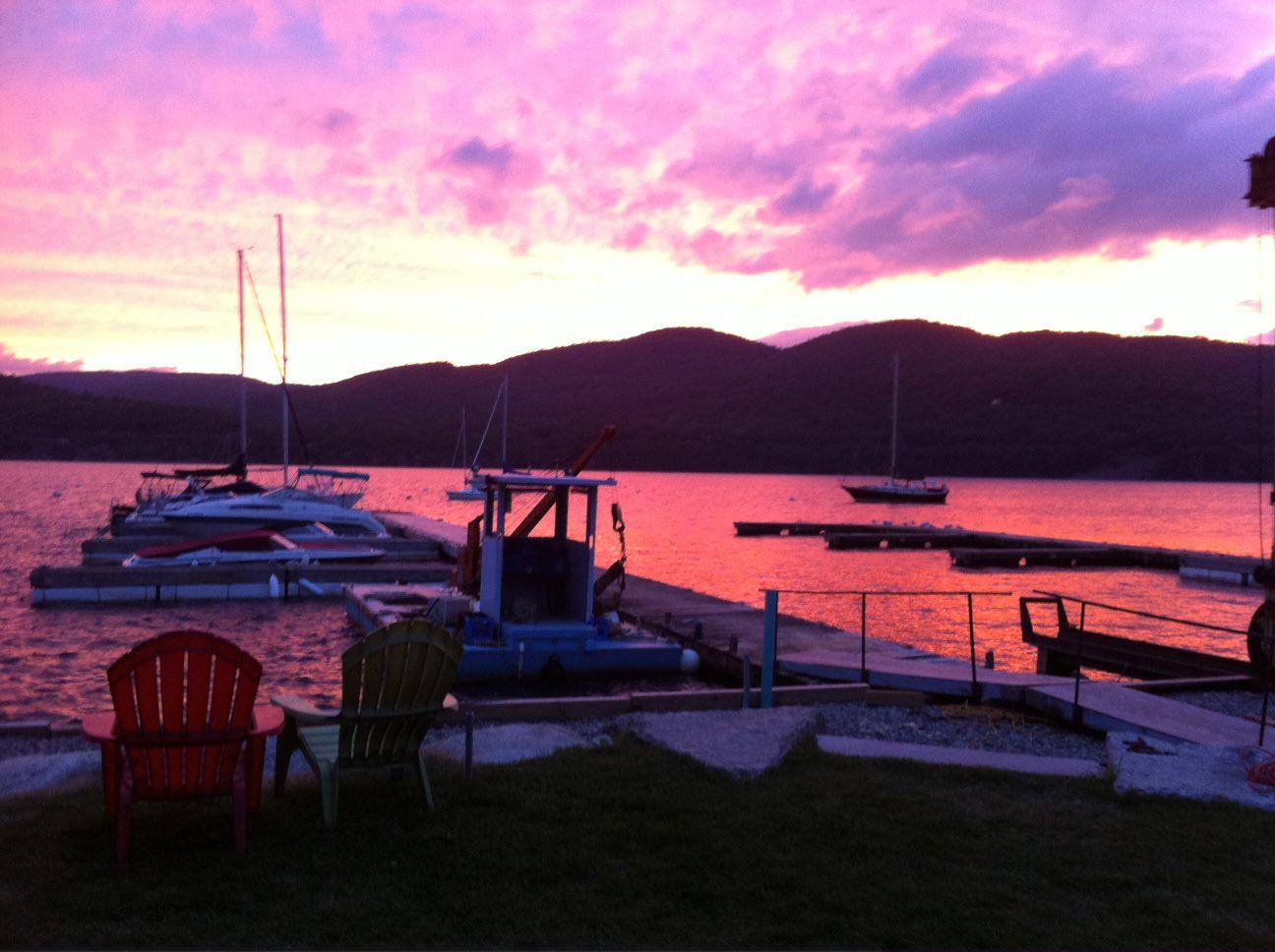 A marina dock at sunset