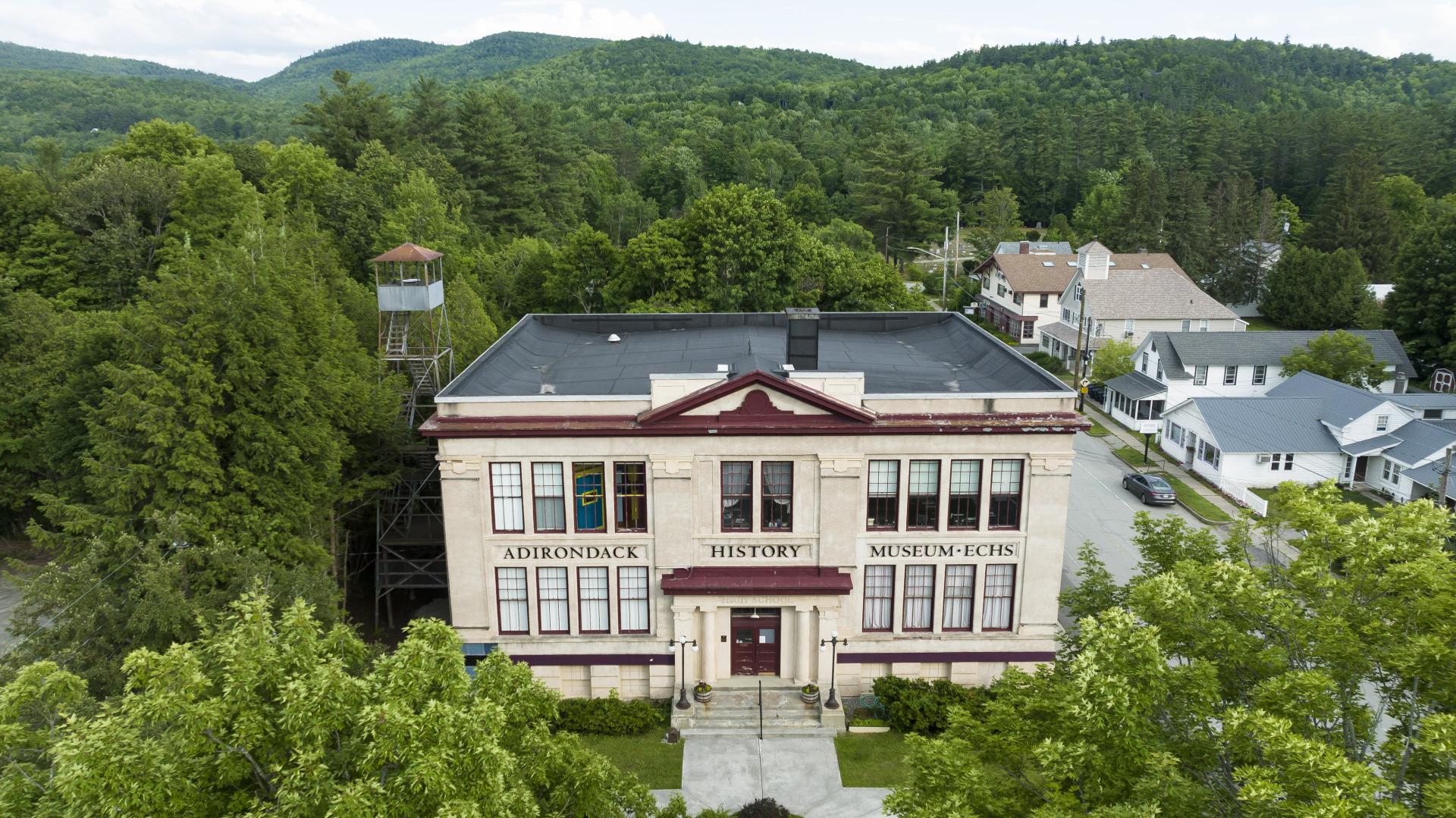 An aerial view of the front of Adirondack History Museum