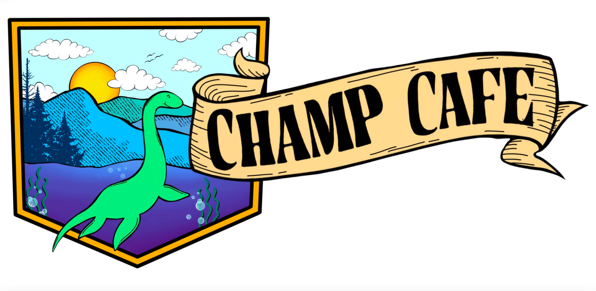 A shield shaped frame with champ in the center with lake