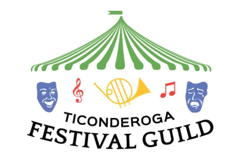 An illustration of a circus tent with green stripes over Ticonderoga Festival Guild.