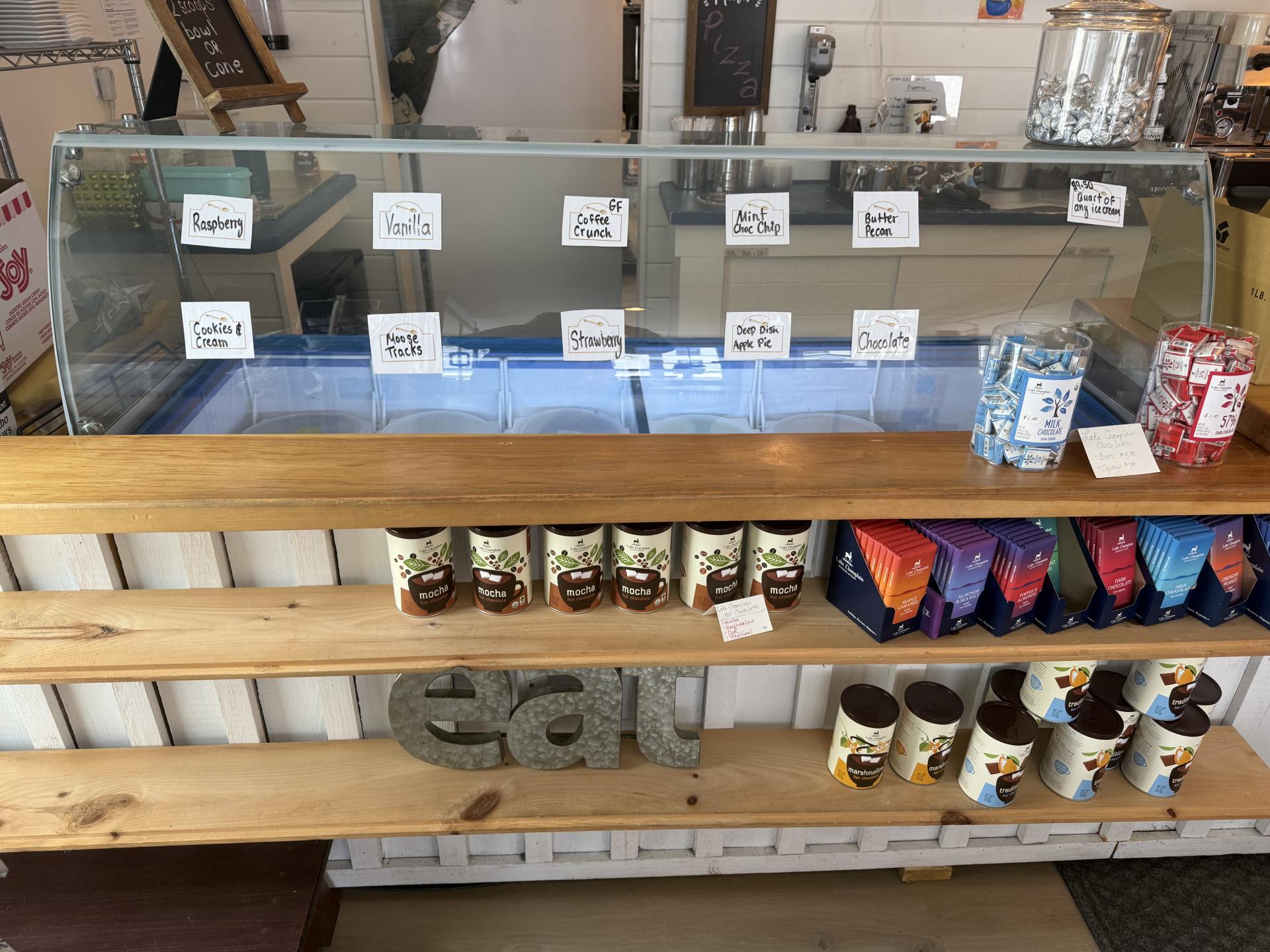 A freezer stocked with meals ready to bring home from Essex Ice Cream Cafe.