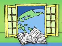 An illustration of the globe through an open window with an open book