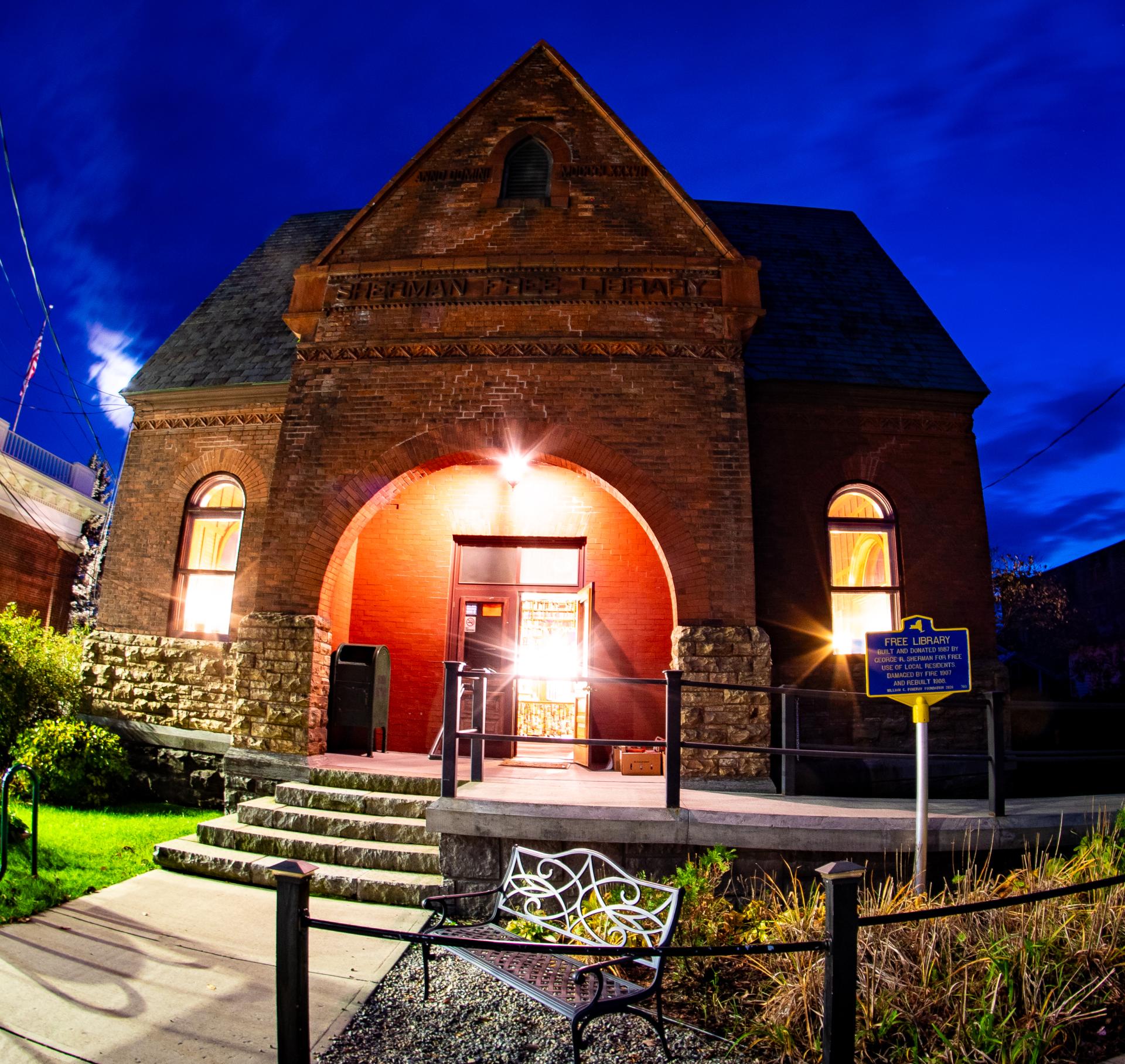 library exterior at night