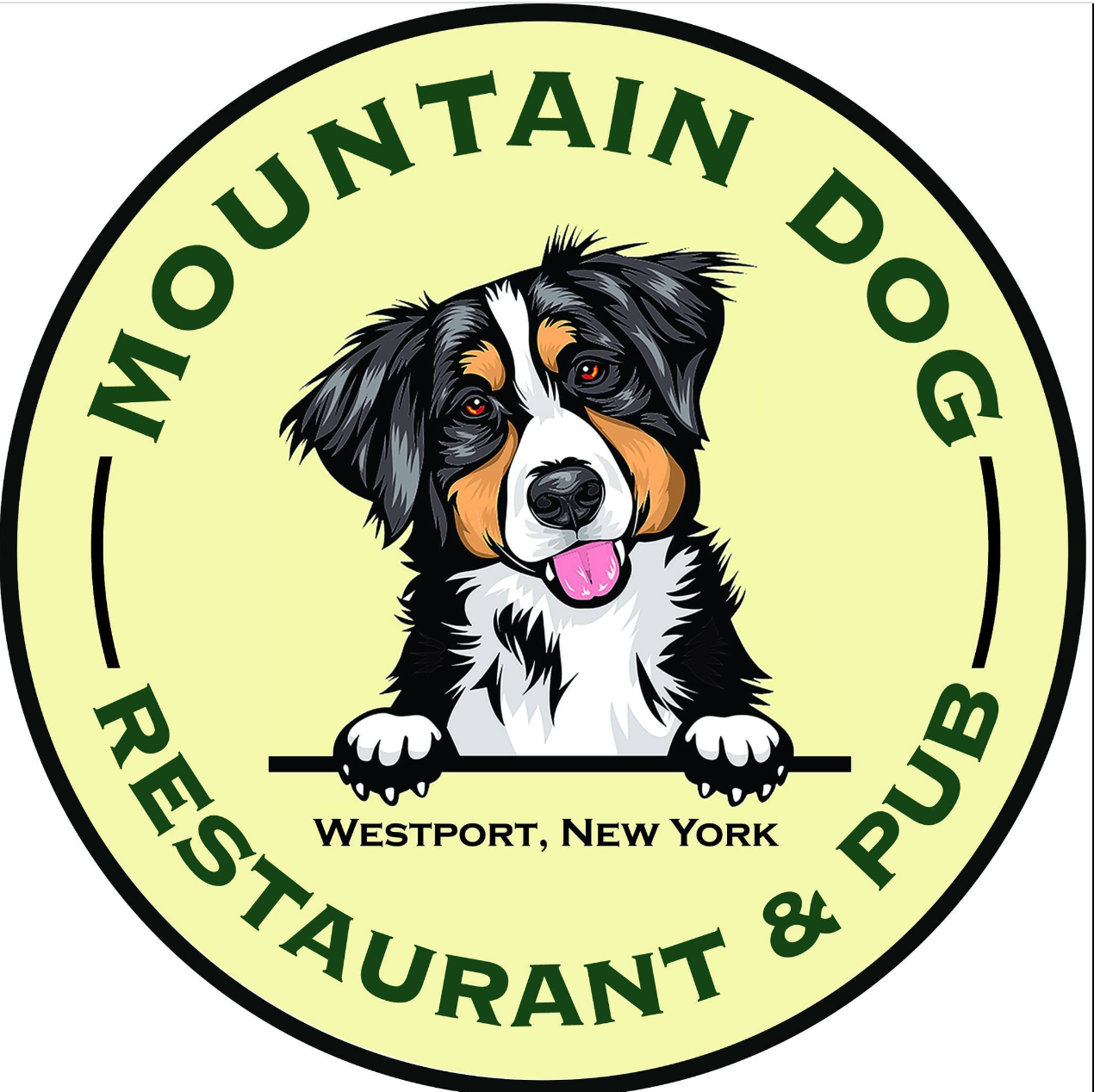 A logo badge for Mountain Dog Restaurant & Pub with an illustration of a Bernese mountain dog in the center.