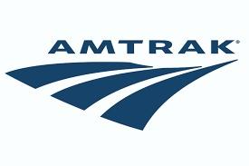 Logo for Amtrak of a white background and blue lettering