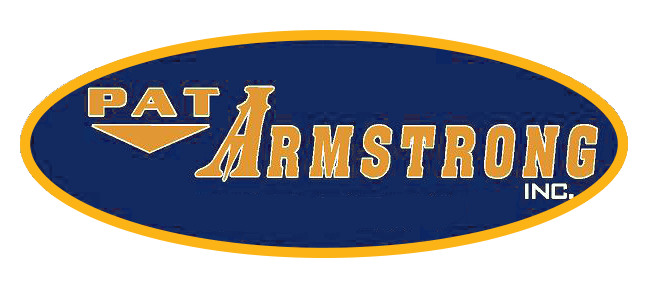 Pat Armstrong on a blue badge with gold trim and lettering.