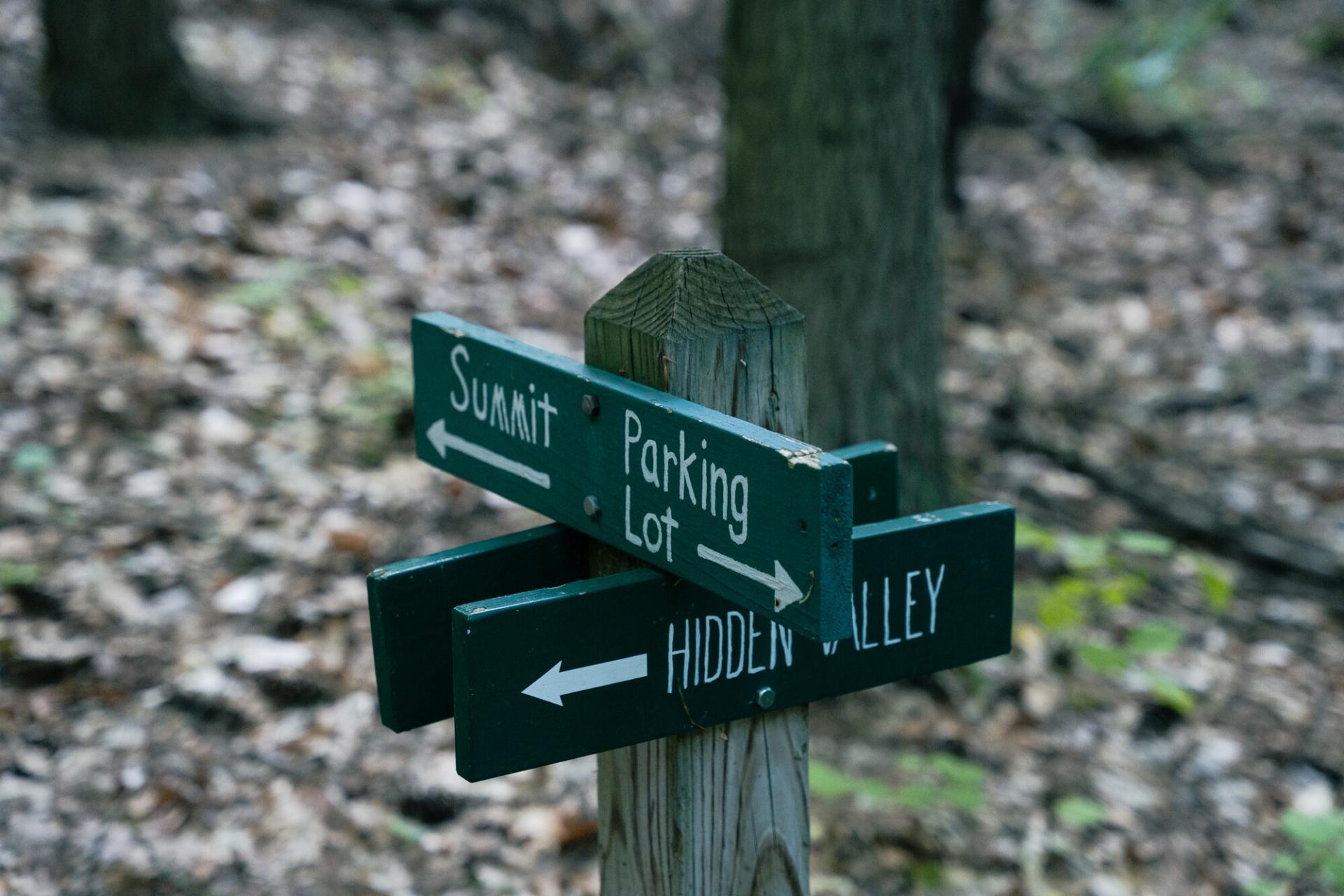 A couple green signs with white lettering on a wooden post