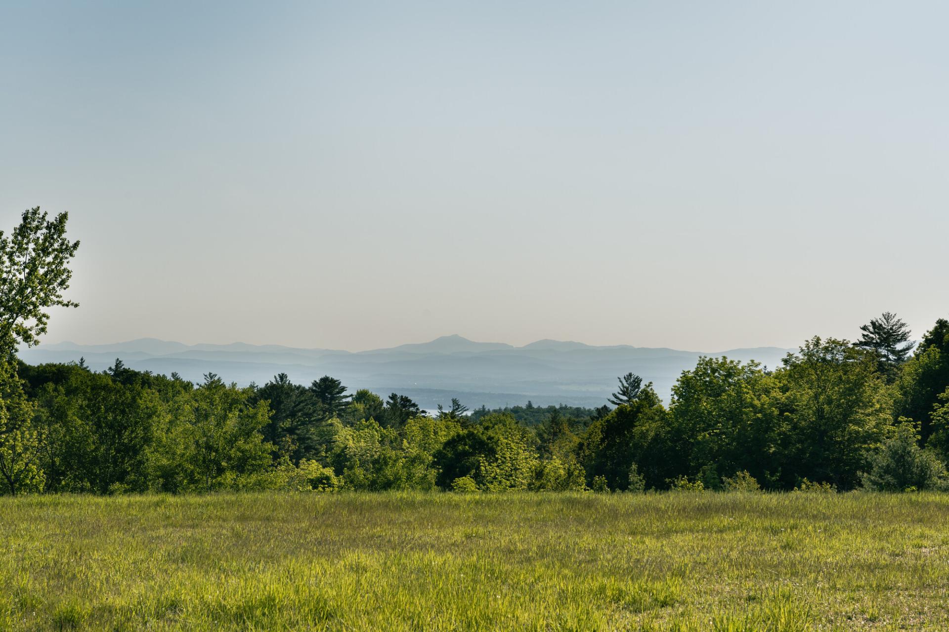 The view of hazy mountain from an open meadow