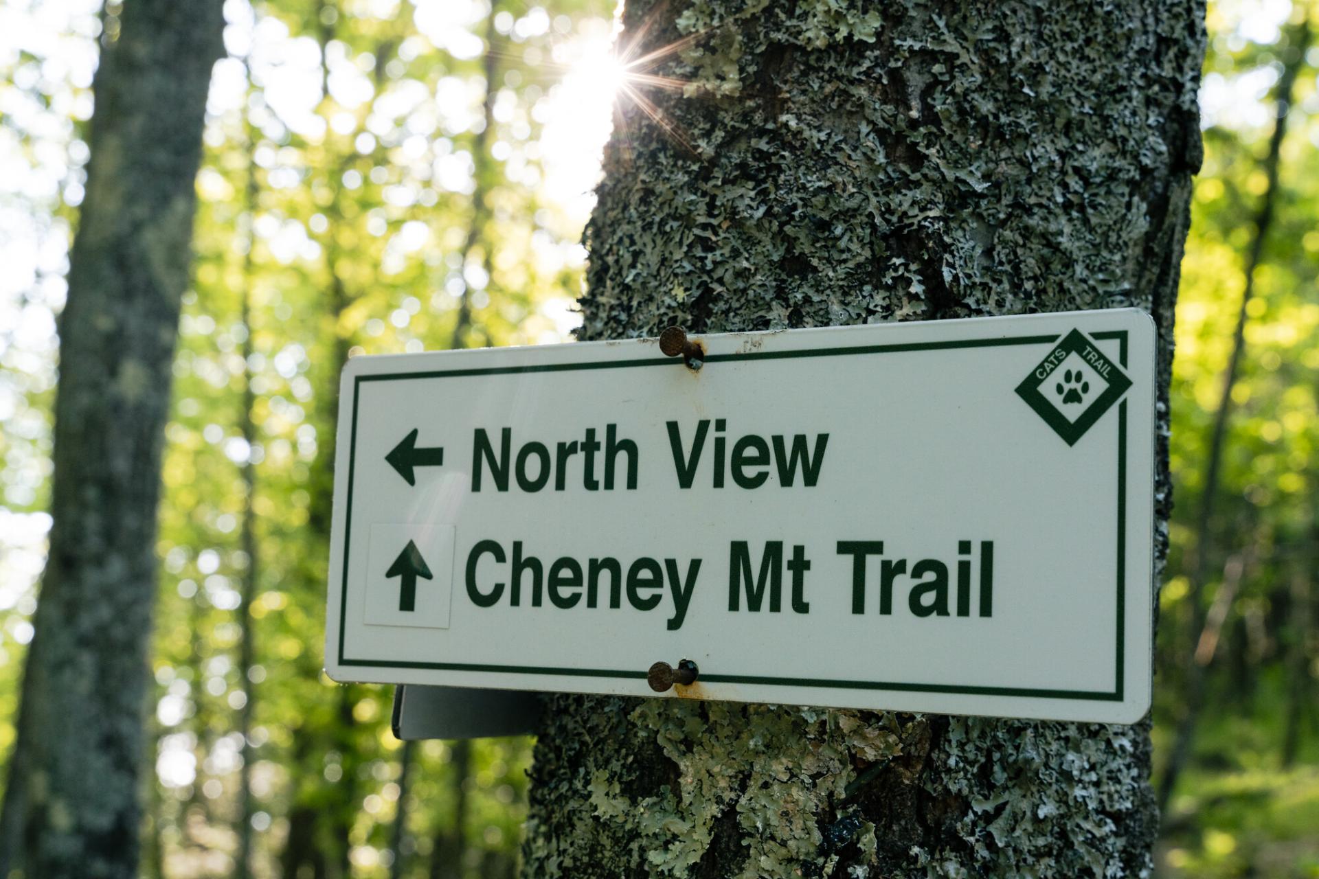 A sign for Cheney Mountain trail