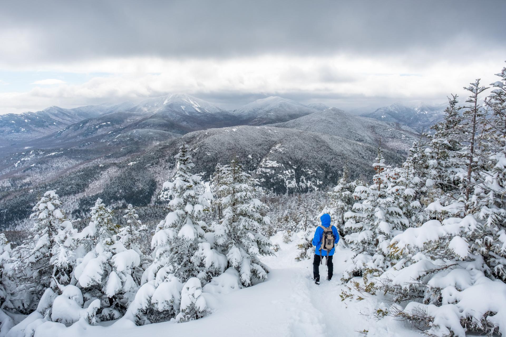 A snowshoer looking out at snow-covered mountain