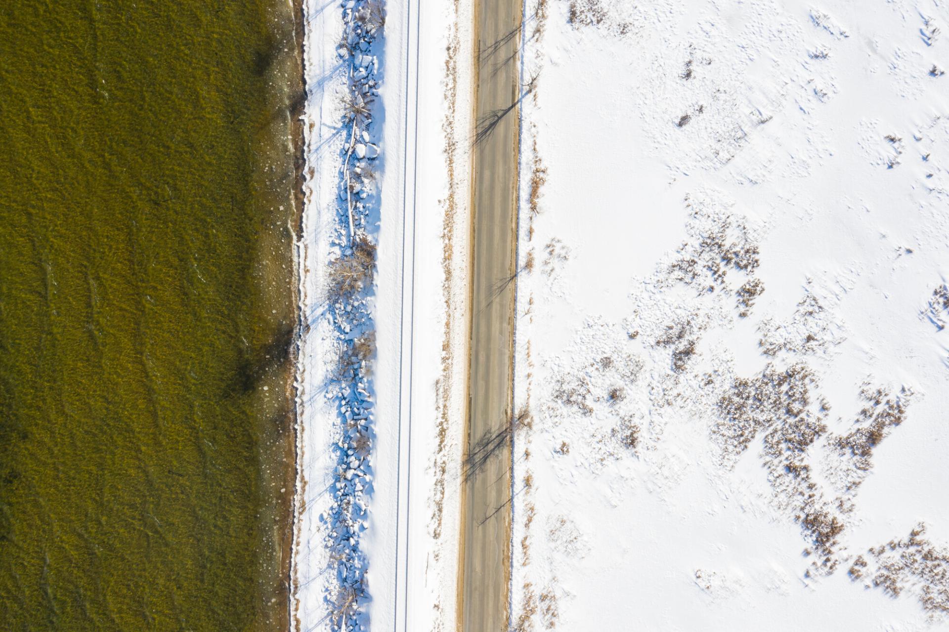 Aerial view of the access road for Wickham Marsh