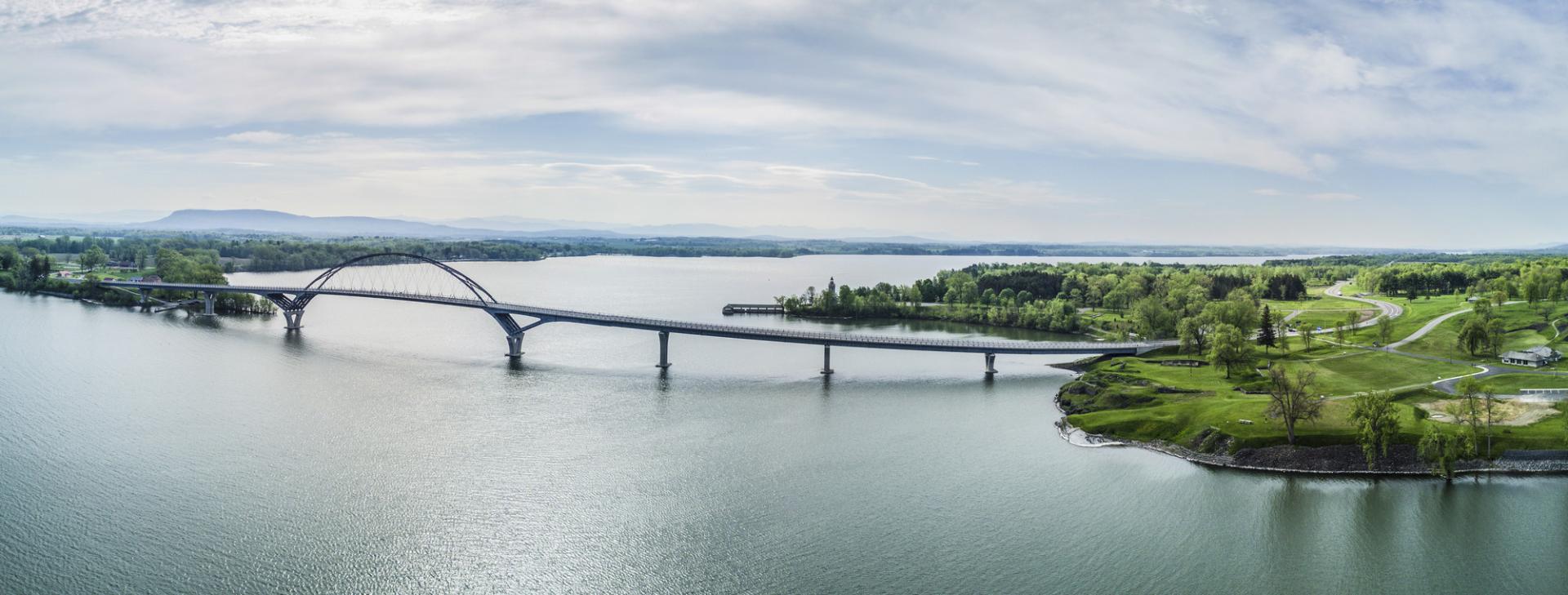 Aerial view of the bridge at Crown Point over Lake Champlain