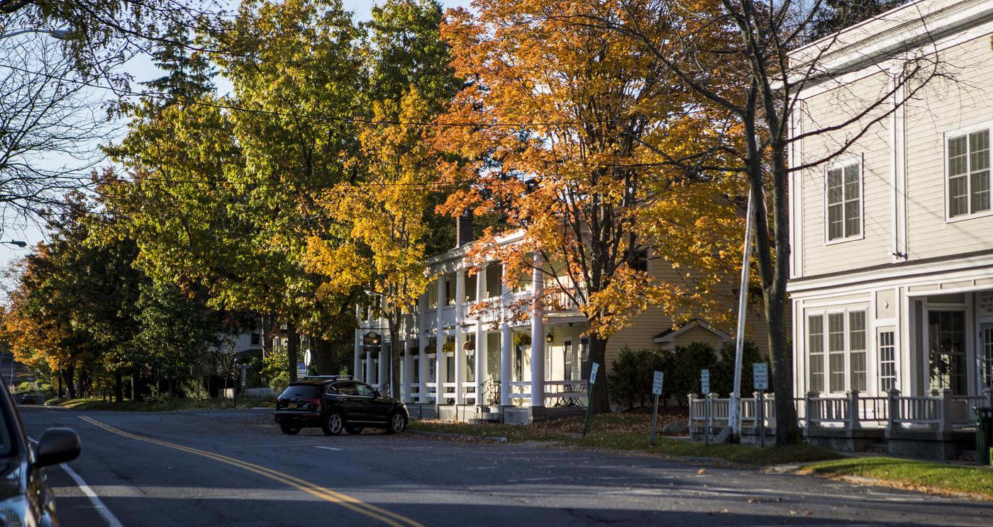 A road goes through a historic area of a town