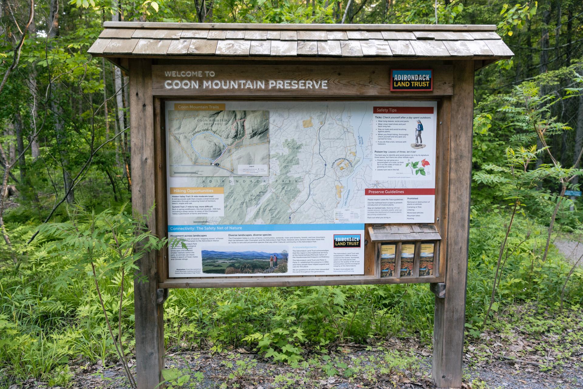 The interpretive sign for Coon Mountain Nature Preserve.