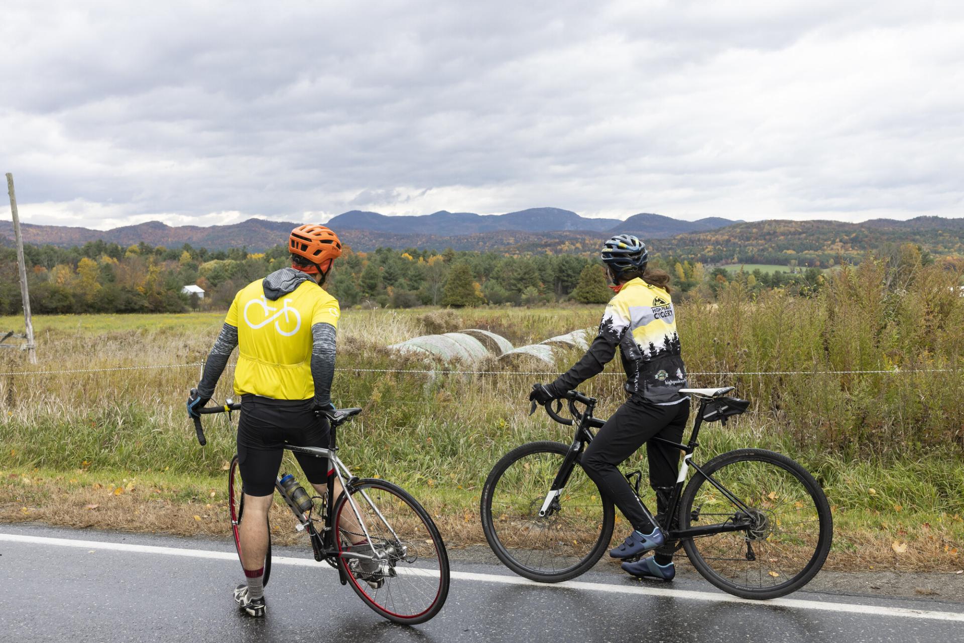 Two cyclists look at a farm field