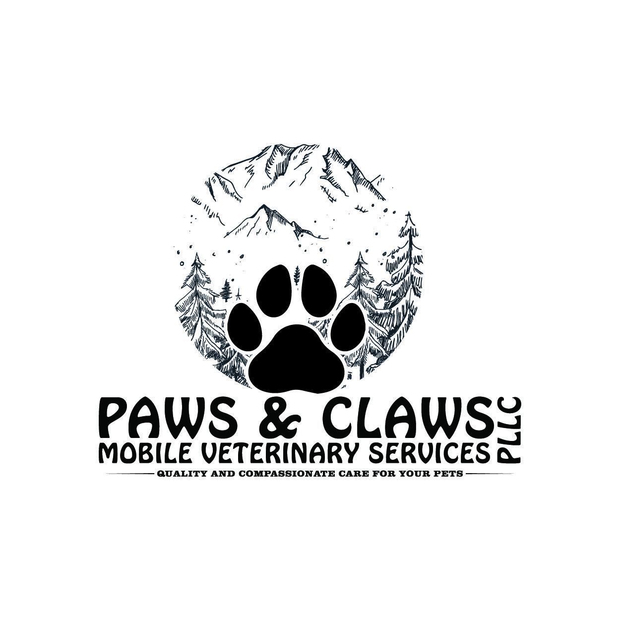 logo of black paw in front of black and white mountainscape