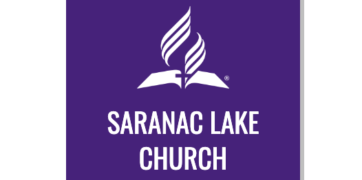 Logo for Saranac Lake Church with blue background and white lettering and an open book with flag rising from it