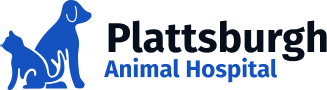 A silhouette of a cat and a dog in blue with the text  'Plattsburgh Animal Hospital