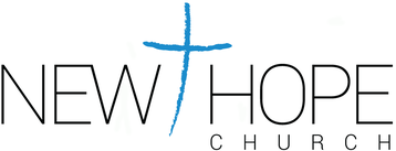the text New Hope Church with a blue hand drawn looking cross between 'New' & 'Hope'.