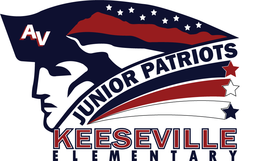 Junior Patriots profile view of a colonial man with red white and blue stars with banner trails behind.