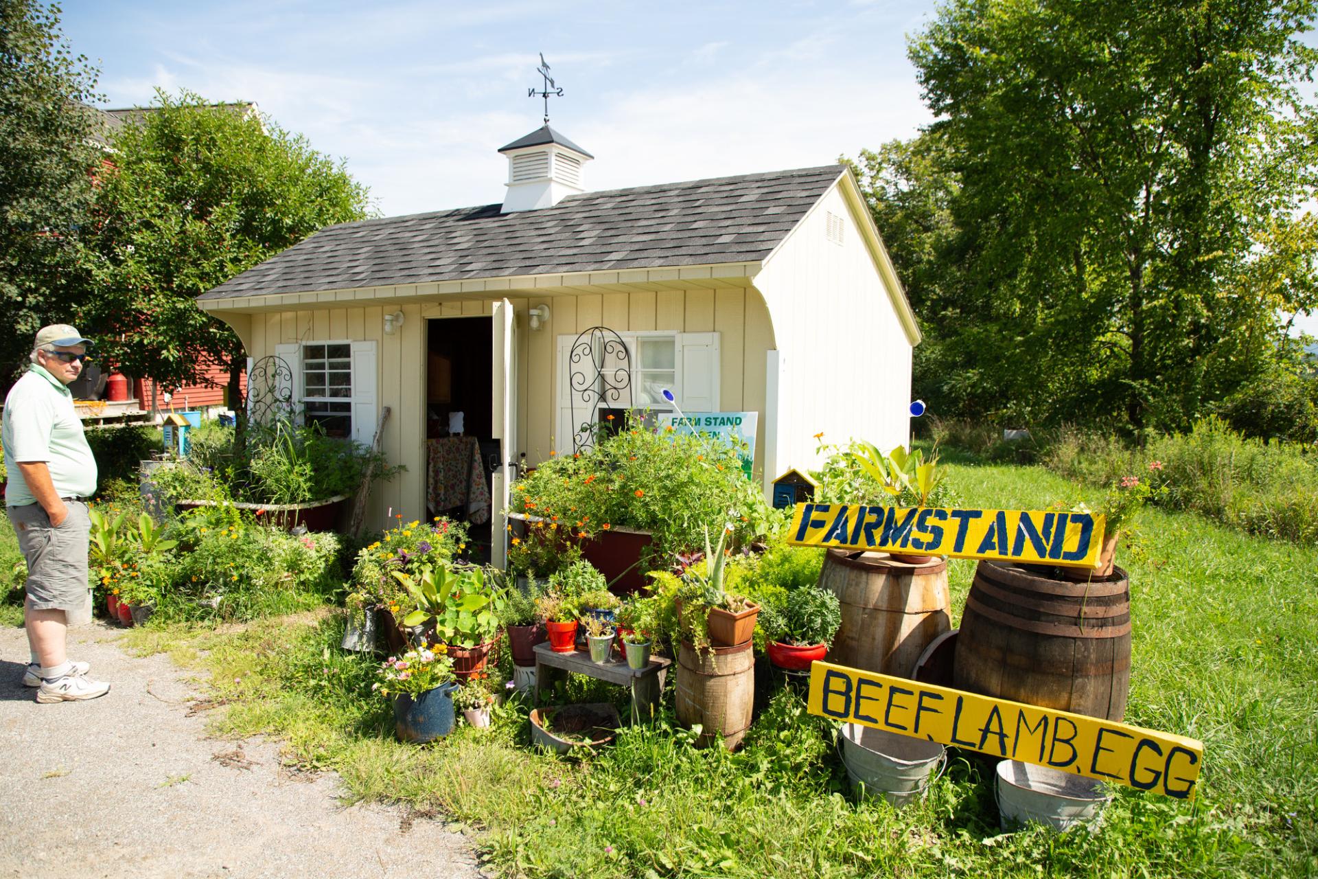 A farmstand in summer with fresh produce out front. 