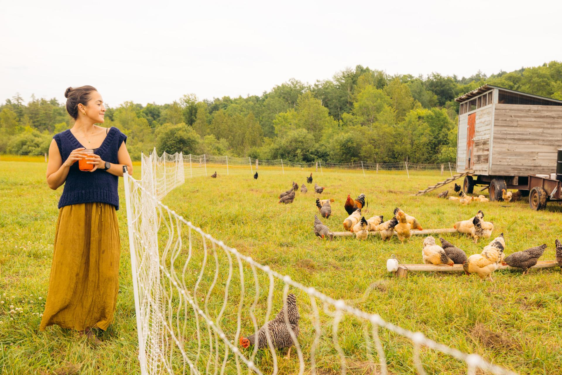 woman looks at a chicken coop with chickens around. 