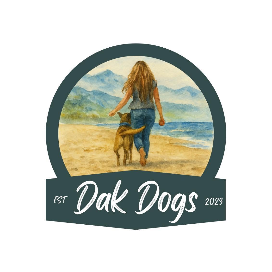 A logo ring with Dak Dogs est 2023 with a blonde woman and a dog walking the beach